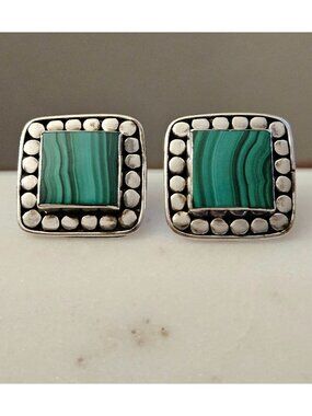 Vintage Sterling Silver Malachite Square Post Earrings with Dotted Border